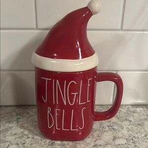 NWOT Rae Dunn Red Jingle Bells Christmas Mug with Santa Hat topper